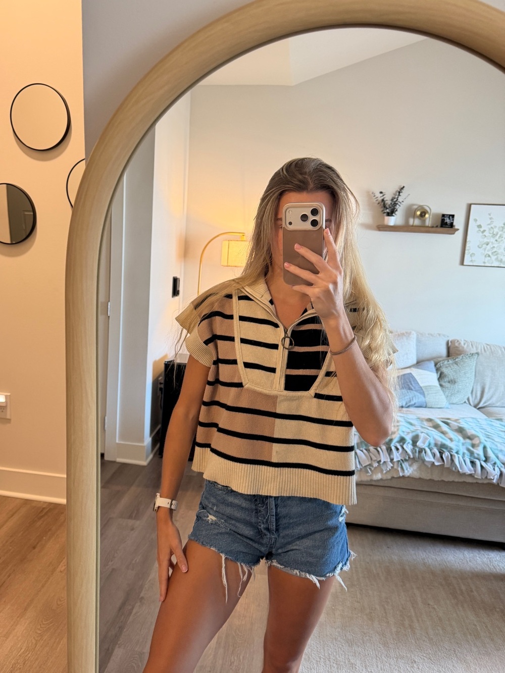 entro Beige and Black Striped Knit Polo Crop Top